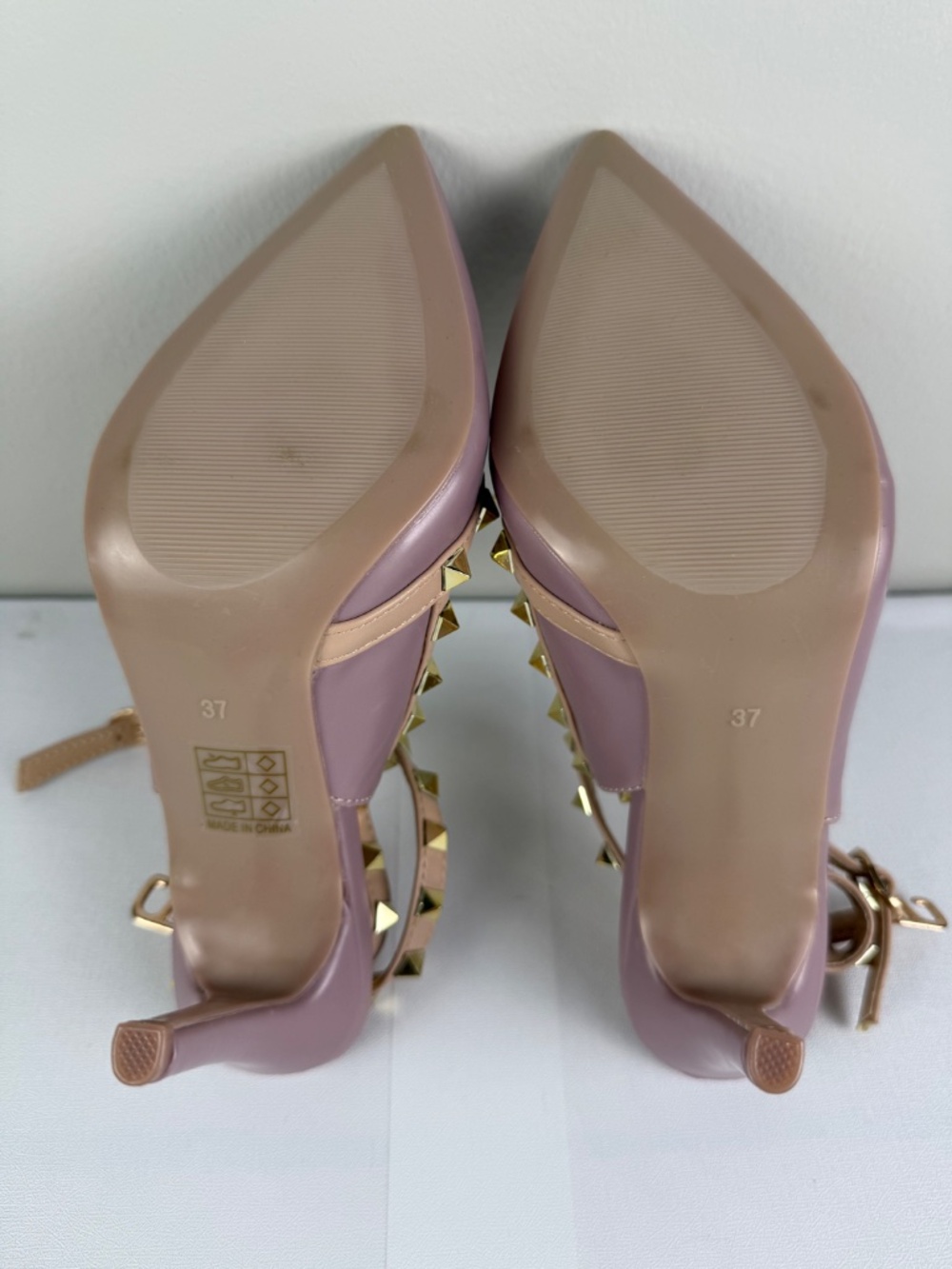 Studded T-Strap Pointed Toe Heels in Dusty Rose - Picture 10 of 10